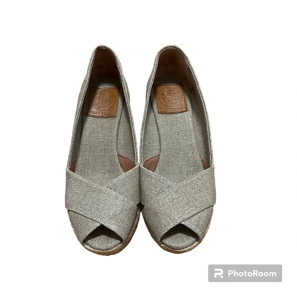 Tory Burch Filipa Wedge Espadrille Peep Toe Canva Beige Shoes Size 5